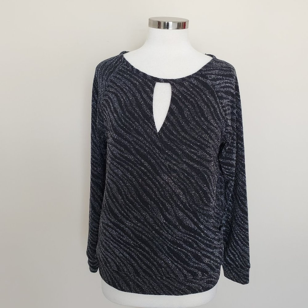 JLO Black Silver Zebra Faux Wrap Top Size Large